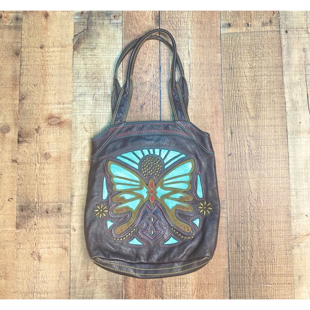 III Parcel Brown Leather Butterfly Purse Y2K Boho Embroidered Studded Shoulder
